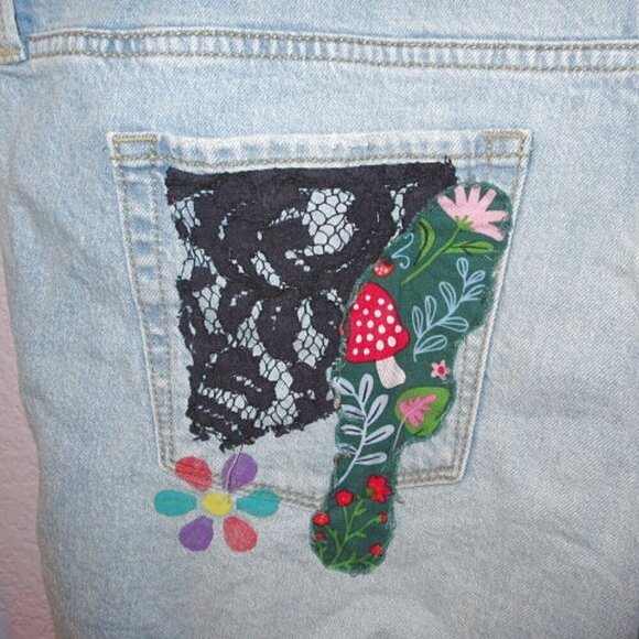 Isabel Maternity PATCHWORK Bib Overalls Size 10 SHORTALLS Shorts DIY Romper BOHO - Picture 11 of 12